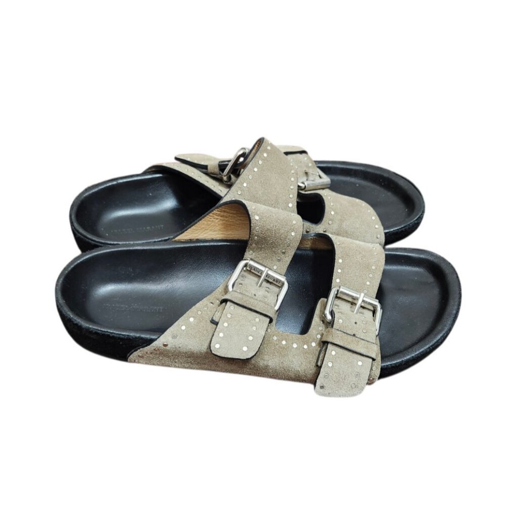 Isabel Marant Suede Studded Slide Sandals Double Buckle Taupe EU 36 - Picture 5 of 15